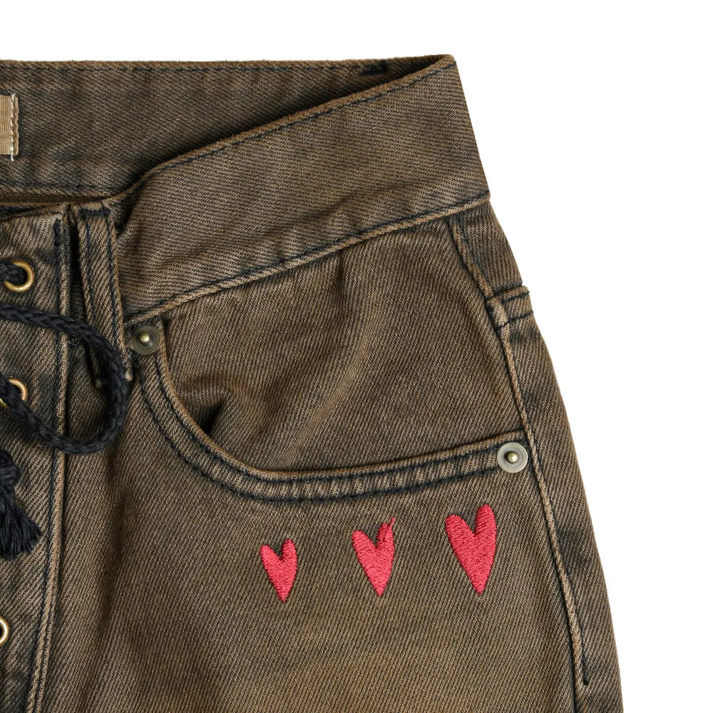 AEAE Heart Embroidery Jeans-(BROWN)