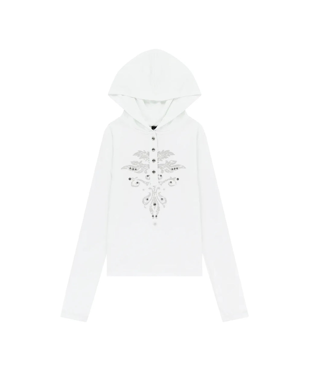 (in stock) Aakam Studded Leaf Hooded Long Sleeve (White)