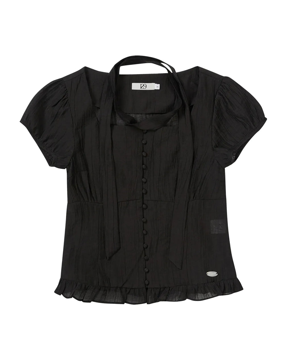 【𝘱𝘳𝘦-𝘰𝘳𝘥𝘦𝘳】ILLIGO Ribbon Tie Square Neck Blouse (BLACK)