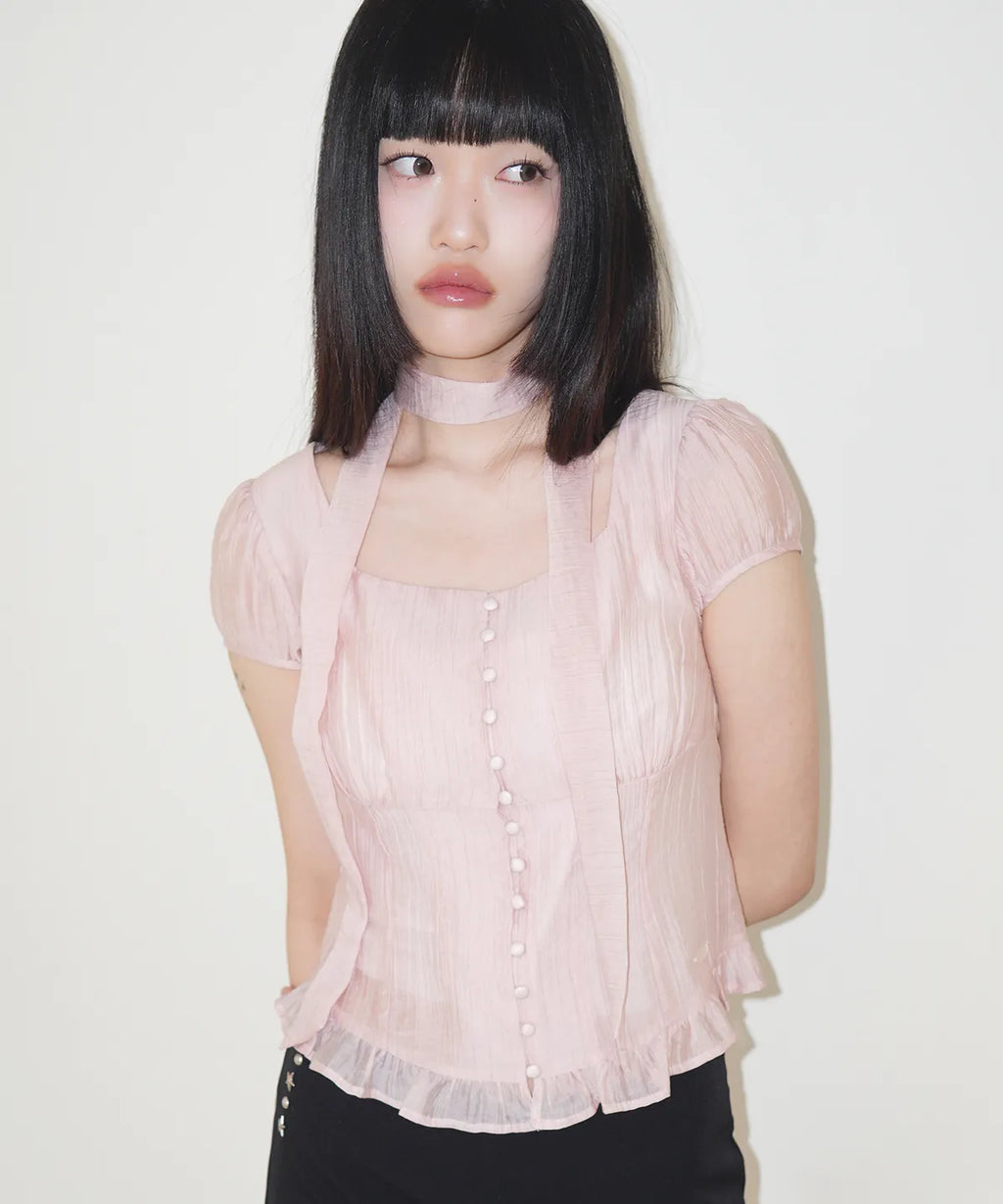 【𝘱𝘳𝘦-𝘰𝘳𝘥𝘦𝘳】ILLIGO Ribbon Tie Square Neck Blouse (PINK)