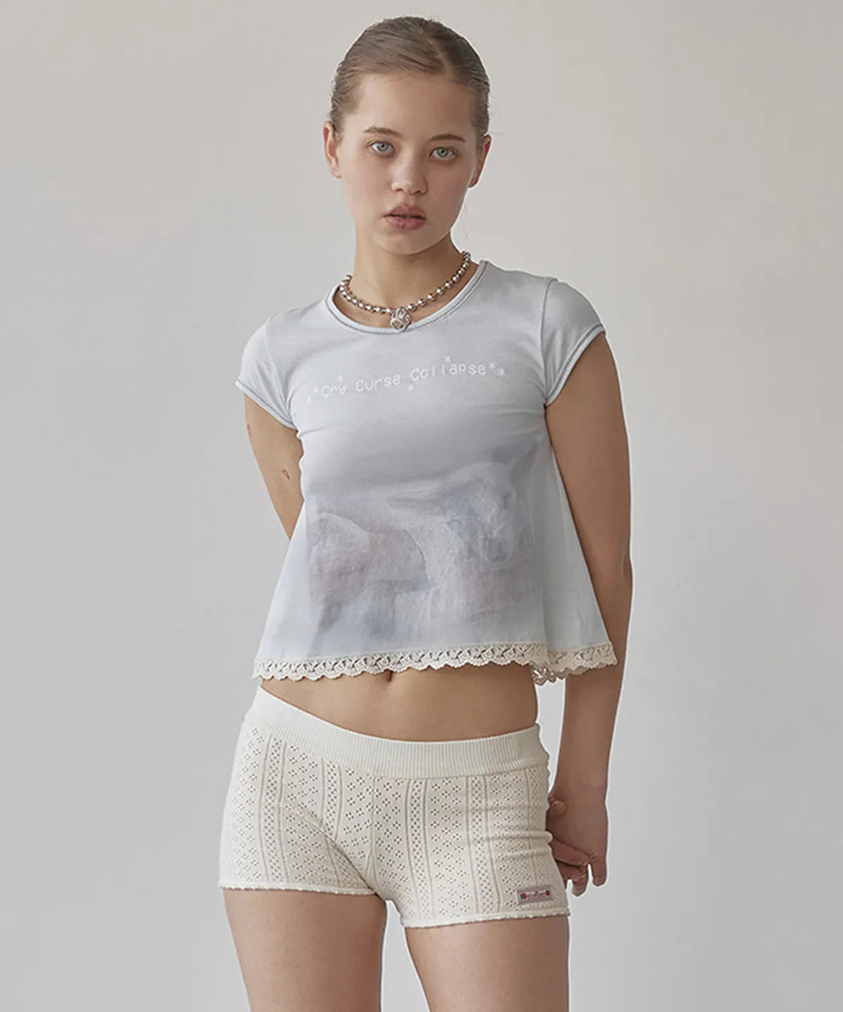 【𝘱𝘳𝘦-𝘰𝘳𝘥𝘦𝘳】SCULPTOR Lace Crop Baby Tee Mystic Blue