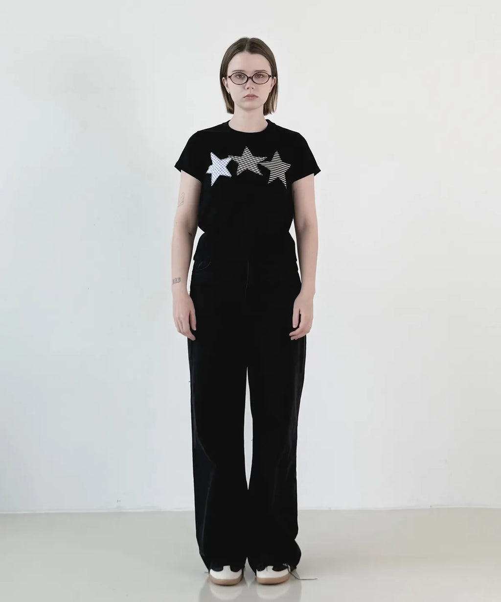 【𝘱𝘳𝘦-𝘰𝘳𝘥𝘦𝘳】DENAGE Vintage Three Star Patch Logo Crop Tee Black 0387