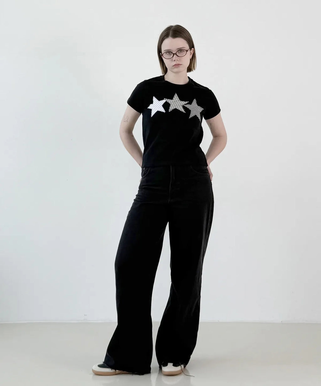 【𝘱𝘳𝘦-𝘰𝘳𝘥𝘦𝘳】DENAGE Vintage Three Star Patch Logo Crop Tee Black 0387