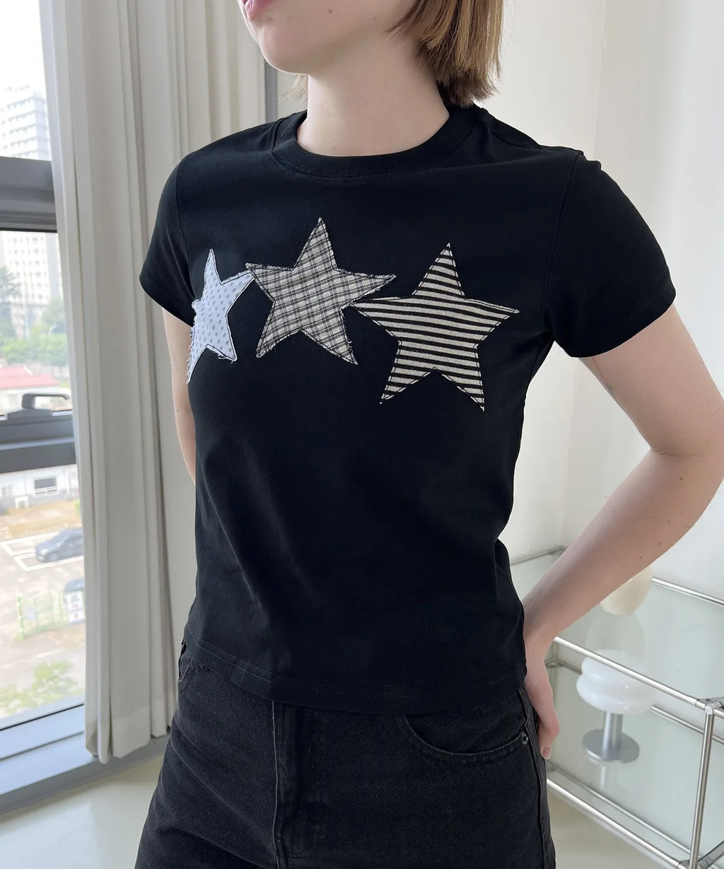 【𝘱𝘳𝘦-𝘰𝘳𝘥𝘦𝘳】DENAGE Vintage Three Star Patch Logo Crop Tee Black 0387