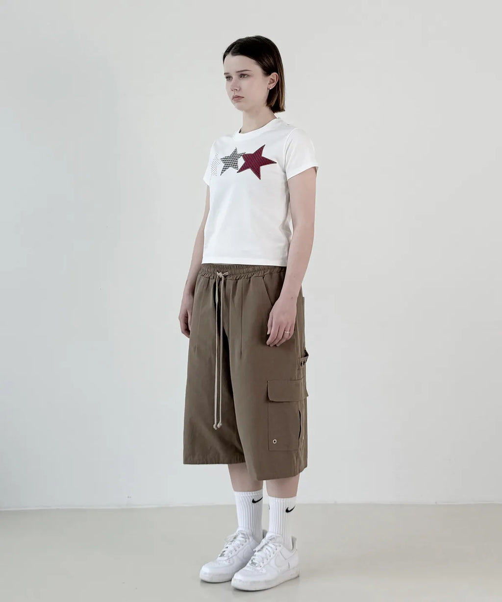【𝘱𝘳𝘦-𝘰𝘳𝘥𝘦𝘳】DENAGE Vintage Three Star Patch Logo Crop Tee White 0388