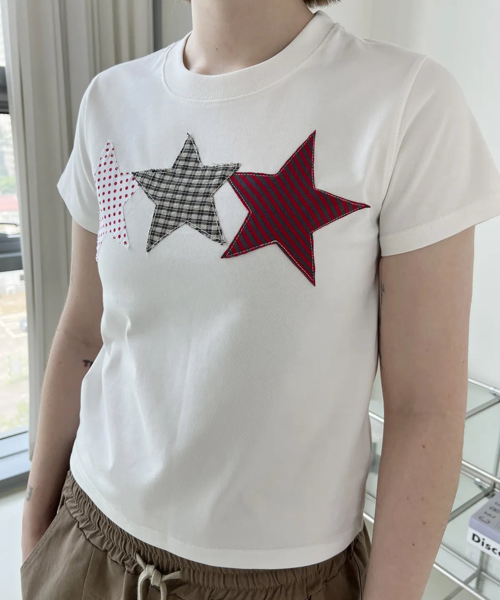 【𝘱𝘳𝘦-𝘰𝘳𝘥𝘦𝘳】DENAGE Vintage Three Star Patch Logo Crop Tee White 0388