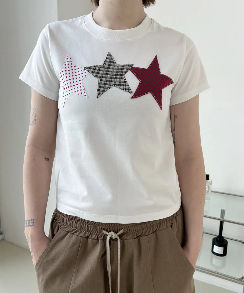 【𝘱𝘳𝘦-𝘰𝘳𝘥𝘦𝘳】DENAGE Vintage Three Star Patch Logo Crop Tee White 0388