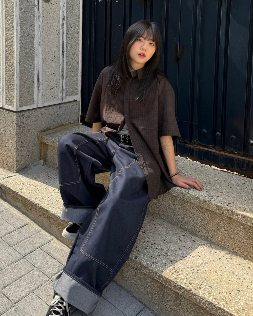 (in stock) stitch layer work pants（black）