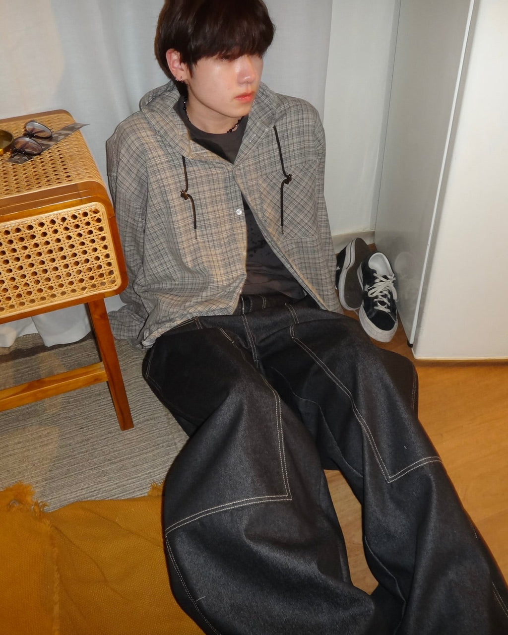 (in stock) stitch layer work pants（black）