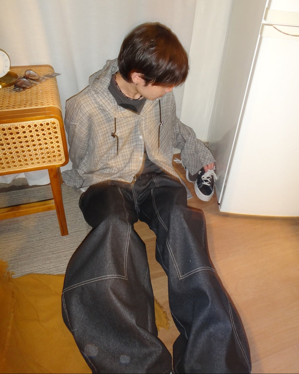 (in stock) stitch layer work pants（black）