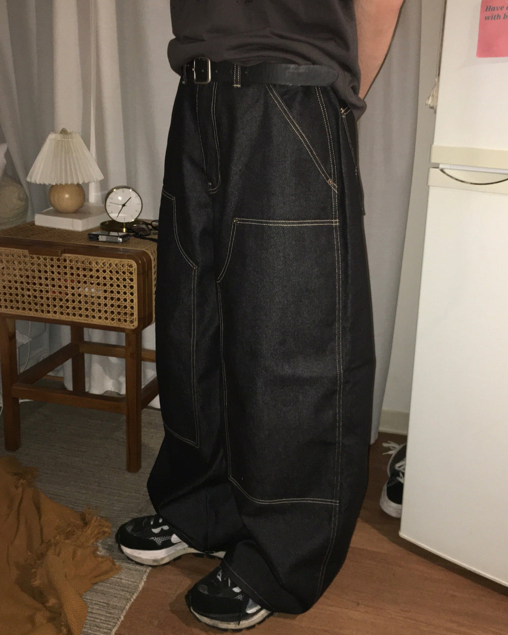 (in stock) stitch layer work pants（black）