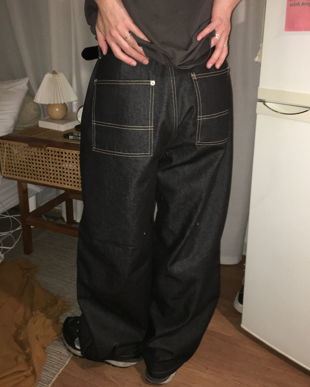 (in stock) stitch layer work pants（black）